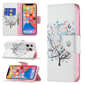 Modèle de dessin coloré Horizontal Flip Cuir Case avec porte-cartes et portefeuille pour iPhone 13 Pro (Arbre) SH403H1079-20