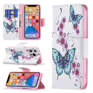 Motif de couleur Dessin Retournement horizontal Étui en cuir avec support et carte Machines à sous et porte-monnaie pour l'iPhone 13 (Peach Blossom et papillon) SH402A1456-20