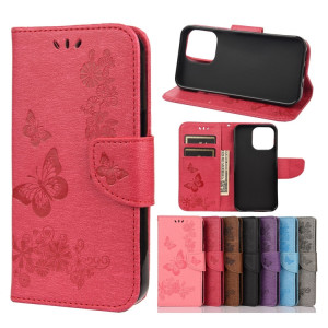Vintage Etui en cuir à flip horizontal à motif de papillon floral en relief avec fente et portefeuille et portefeuille pour iPhone 13 (rouge) SH703F505-20