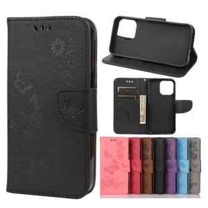 Motif de papillon floral en relief millésime Horizontal Flip Cuir Slot & portefeuille et portefeuille et longe pour iPhone 13 Pro (Noir) SH704A1883-20