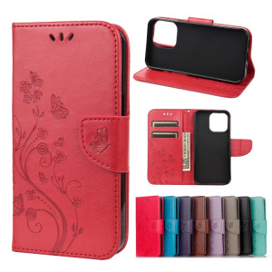 Modèle de fleur papillon Horizontal Flip Cuir Coffret avec porte-carte et portefeuille pour iPhone 13 mini (rouge) SH802D1406-20
