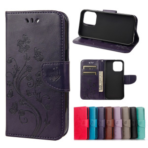 Boîtier de fleurs de fleurs de papillon Horizontal Horizontal Horizan Coque avec porte-cartes et portefeuille pour iPhone 13 Pro (Purple Deep) SH804E1807-20