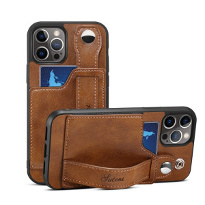 TPU + étui de protection antichoc sur le cuir PU avec des fentes de cartes et une sangle à main pour iPhone 13 (Brown) SH702C563-20