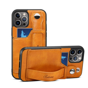 TPU + Cas de protection antichoc sur le cuir PU avec des fentes de cartes et une sangle à main pour iPhone 13 Pro (jaune) SH703F1407-20