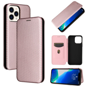 Texture de la fibre de carbone Magnétique Horizontal Horizontal TPU + PC + étui en cuir PU avec emplacement de carte pour iPhone 13 Pro (rose) SH602A1072-20