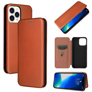 Texture de fibre de carbone Magnétique Horizontal Horizontal TPU + PC + étui en cuir PU avec emplacement de carte pour iPhone 13 (Brown) SH603B1391-20