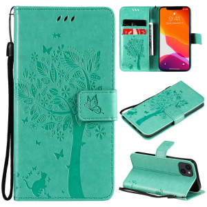 Tree & Cat motif pressé Impression Horizontale Flip PU Coque en cuir PU avec support & carte Slots & Portefeuille et longe pour iPhone 13 (Vert) SH902A1721-20