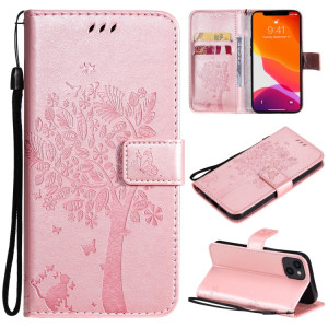Tree & Cat motif pressé Impression Horizontale Flip PU Coque en cuir PU avec support et carte de portefeuille et portefeuille et longe pour iPhone 13 (or rose) SH902G1648-20