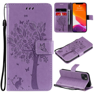 Modèle d'arbres et de chat imprimé imprimé horizontal Flip PU étui en cuir PU avec porte-carte et portefeuille et lanière pour iPhone 13 (violet clair) SH902J669-20