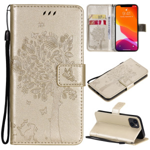 Tree & Cat motif pressé Impression Horizontale Flip PU Coque en cuir PU avec support & carte Slots & Portefeuille et longe pour iPhone 13 (or) SH902K401-20