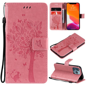 Tree & Cat motif pressé Impression Horizontale Flip PU Coque en cuir PU avec support & carte Slots & Portefeuille et longe pour iPhone 13 Pro (rose) SH903C1820-20