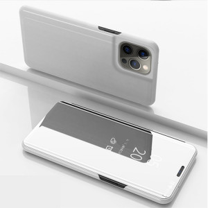 Étui de cuir horizontal de miroir plaqué horizontal avec support pour iPhone 13 Pro (argent) SH603B123-20