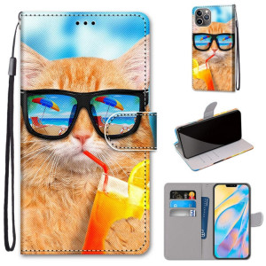 Dessin coloré Texture de la texture horizontale Boîtier en cuir PU avec support & carte Slots & Portefeuille et longe pour iPhone 13 Pro (Soda en boisson chat) SH003A444-20