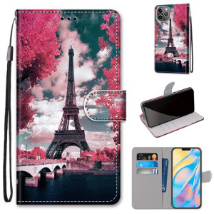Dessin coloré Texture Croix Texture Horizontale Étui en cuir PU avec support & carte Slots & Portefeuille et longe pour iPhone 13 Pro (pont de tour de fleurs rose) SH003B1782-20