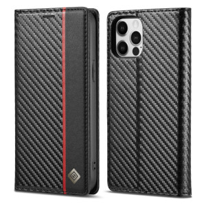 LC.Meekeke Carbon Fibre PU + TPU Horizontal Flip Coating Boîtier avec porte-carte et portefeuille pour iPhone 13 Pro (Vertical Black) SL103B994-20