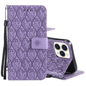 Appuyez sur l'impression de rotin motif de fleur de rotin motif horizontal case en cuir PU avec support et carte de portefeuille et cadre de portefeuille et photo pour iPhone 13 Pro (violet) SH003H380-20