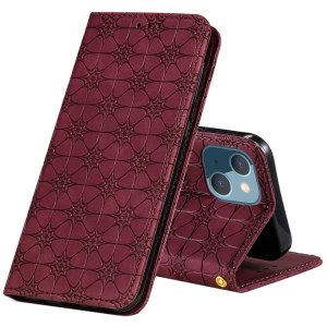 Boîtier à rabat horizontal magnétique de fleurs de lucky Fleurs avec support et fentes pour carte pour iPhone 13 mini (rouge vin) SH201D999-20