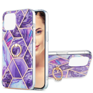 Épissage de galvanoplastie Motif de marbre Dual-côté IMD TPU Case antichoc avec porte-bague pour iPhone 13 (violet foncé) SH502F1464-20