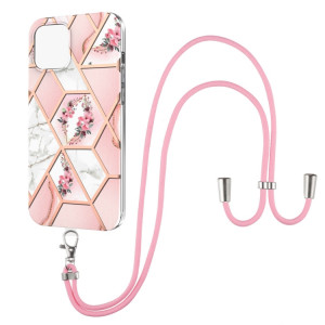 Épissage de galvanoplastie Modèle de fleur de marbre TPU Case antichoc avec longe pour iPhone 13 (fleur rose) SH902A1320-20