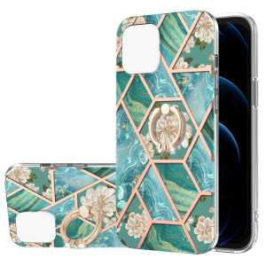 Épissage de galvanoplastie Modèle de fleur de marbre TPU Cas antichoc avec porte-bague en strass pour iPhone 13 Pro (fleur bleue) SH503D1040-20