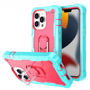 PC + Caoutchouc en caoutchouc 3 couches de protection antichoc avec support rotatif pour iPhone 13 Pro (Mint Green + Rose Rouge) SH503B975-20