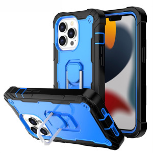 PC + Caoutchouc en caoutchouc 3 couches de protection antichoc avec support rotatif pour iPhone 13 Pro (noir + bleu) SH503D1197-20