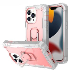 PC + Caoutchouc 3 couches Cas de protection antichoc avec support rotatif pour iPhone 13 Pro (gris blanc + or rose) SH503H190-20