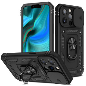 Cache de caméra coulissante conception TPU + PC Cas de protection avec support rotatif à 360 degrés et emplacement de carte pour iPhone 13 Pro (noir + noir) SH303D713-20