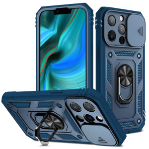 Cache de caméra coulissante conception TPU + étui de protection PC avec support rotatif à 360 degrés et emplacement de carte pour iPhone 13 Pro (bleu + bleu) SH303H501-20