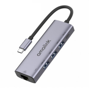 Amalink 95121D Type-C / USB-C à RJ45 + 3 ports HUB Multi-Fonctionnement USB + PD 3.0 (gris) SA001A579-20
