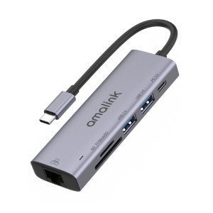 Amalink 95122D Type-C / USB-C sur RJ45 + 2 ports HUB Multi-Fonctionnement USB + PD 3.0 (gris) SA201A886-20