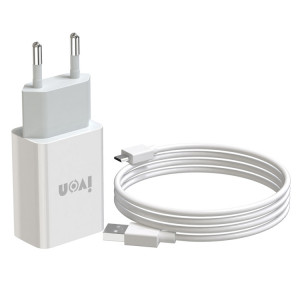 Ivon Ad-33 2 en 1 2.1a Chargeur de voyage à port USB unique + 1M USB à micro-câble de données USB de données USB, prise EU (Blanc) SI201A1144-20