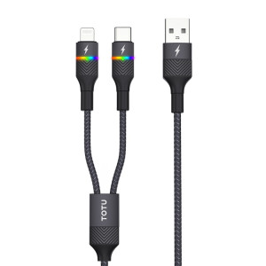 TOTU B2C-001 Journey Series 2 en 1 USB vers 8 broches + câble de données de lumière respiratoire colorée de type C, longueur : 1,5 m (noir) ST601A901-20