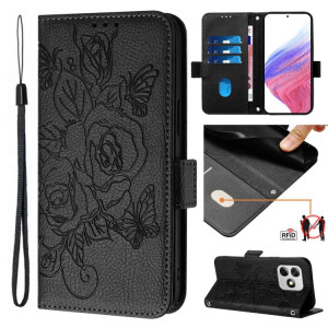 Pour Ulefone Note 18 Ultra Embossed Rose RFID Étui de téléphone en cuir antivol (Noir) SH102F1120-20