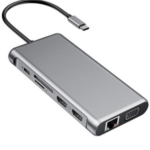 12 en 1 HDMI x2 + USB3.0 + USB2.0 + Chargement PD + VGA + RJ45 + Jack 3,5 mm + TF / SD x2 Type-C / USB-C HUB Station d'accueil (gris foncé) SH901A1303-20