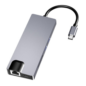 HW-TC12 8 en 1 type-c / USB-C adaptateur de concentrateur d'extension multifonctionnel lecteur de carte Hdmi / Vga Hub + carte réseau SH1121829-20