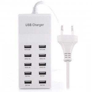 Adaptateur de chargeur USB 5 ports 2.4A / 2.1A / 1A 10 ports, pour iPhone, Galaxy, Huawei, Xiaomi, LG, HTC et autres téléphones intelligents, appareils rechargeables, prise UE (blanc) SH880W907-20