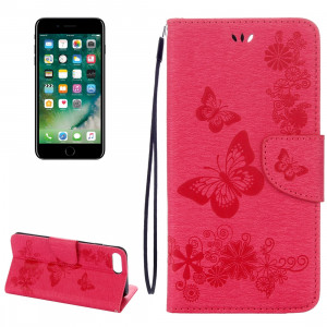 Pour iPhone 8 Plus et 7 Plus Butterflies Gaufrage Housse en cuir avec support et fentes pour cartes et portefeuille et lanière (Magenta) SH953M600-20