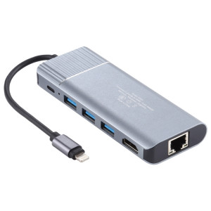 6 en 1 USB 2.0 x 3 + HDMI + RJ45 + Port de charge femelle 8 broches vers adaptateur de station d'accueil multifonction mâle 8 broches SH5895691-20