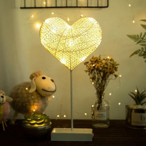 Rotin en forme de coeur romantique LED lumière de vacances avec support, lampe de nuit décorative fée chaleureuse pour Noël, mariage, chambre à coucher (blanc chaud) SH52WW1206-20