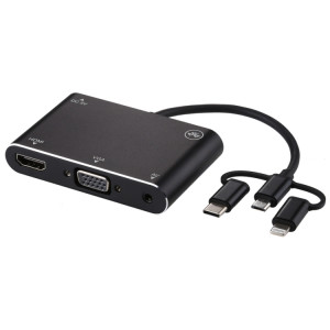 3 en 1 8 broches + Micro USB + Type-C vers AV + HDMI + VGA 15 broches convertisseur d'adaptateur de lecteur d'écran HD avec audio SH65151954-20