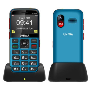 Uniwa v1000 4G téléphone portable aîné, 2,31 pouces, Unisoc Tiger T117, 1800mAh Batterie, 21 clés, Support BT, FM, MP3, MP4, SOS, Torch, Réseau: 4G, avec une base d'accueil (bleu) SU866L1065-20