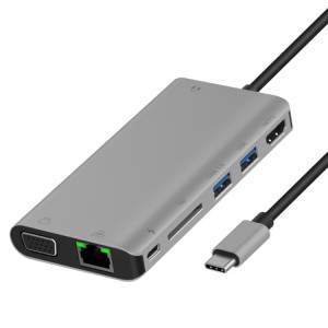 ONTEN 9591BD 8 en 1 USB-C / TYPE-C à PD USB-C / TYPE-C Chargement + Gigabit Ethernet + Dual USB 3.0 + HDMI + VGA + SD Slot de carte SD + 3.5mm Aux HUB (gris) SO921H1475-20