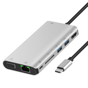 ONTEN 9591BD 8 en 1 USB-C / TYPE-C à PD USB-C / TYPE-C Chargement + Gigabit Ethernet + Dual USB 3.0 + HDMI + VGA + Fente de carte SD + 3.5mm Aux HUB (argent) SO921S1411-20