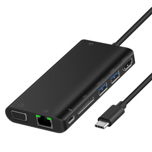 ONTEN 9591BD 8 en 1 USB-C / TYPE-C à PD USB-C / TYPE-C Chargement + Port Ethernet 100M + Dual USB 3.0 + HDMI + VGA + SD Slot de carte SD + 3.5mm Aux HUB (Noir) SO926B29-20