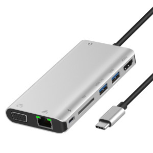 ONTEN 9591BD 8 en 1 USB-C / TYPE-C à PD USB-C / Type-C Chargement + 100m Port Ethernet + Dual USB 3.0 + HDMI + VGA + SD Slot de carte SD + 3.5mm Aux HUB (argent) SO926S759-20