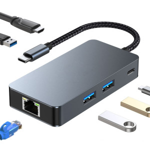 BYL-2308 6 en 1 USB-C / Type-C vers USB3.2 + Internet Gigabit + Adaptateur HUB HDTV (Gris foncé) SH586B1407-20