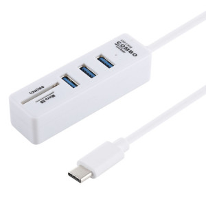 Lecteur de cartes TF / SD 2 en 1 + 3 x ports USB 3.0 au convertisseur de concentrateur USB-C / Type-C, longueur de câble: 26 cm (blanc) SH755W192-20