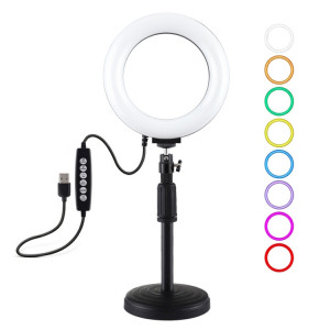 PULUZ 6.2 pouces 16cm USB 10 Modes 8 Couleurs RGBW Dimmable Anneau LED Vlogging Photographie Vidéo Lumières + Base Ronde Support De Bureau Avec Trépied À Chaussure Froide Rotule (Noir) SP047B1351-20