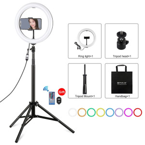 PULUZ 10.2 pouces 26cm RGBW Light + 1.65m Trépied Mount Surface incurvée USB RGBW Dimmable LED Ring Vlogging Video Light Live Broadcast Kits avec Cold Shoe Trépied Ball Head & Phone Clamp & Remote Control (Noir) SP054B593-20